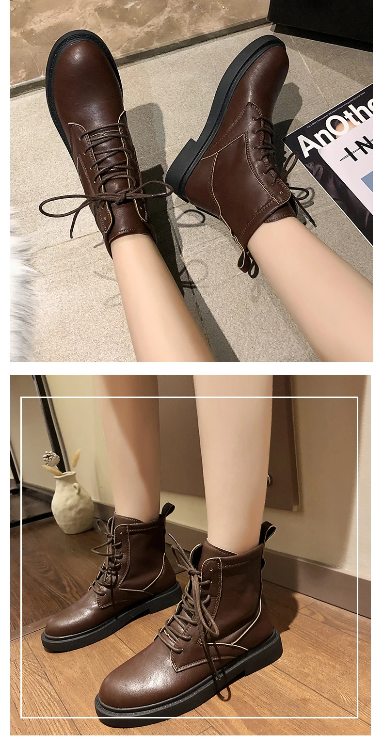 Lace Up Women's Leather Boots Flat Heel Round Toe Low Heels booties Booties Ladies Fashion Womens Shoes Boots-women Punk