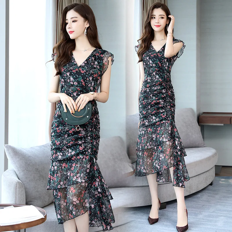 

WOMEN'S Dress Summer Wear 2018 New Style Retro Floral-Print Chiffon Dress Slim Fit Sheath Improved Cheongsam Fishtail Dress