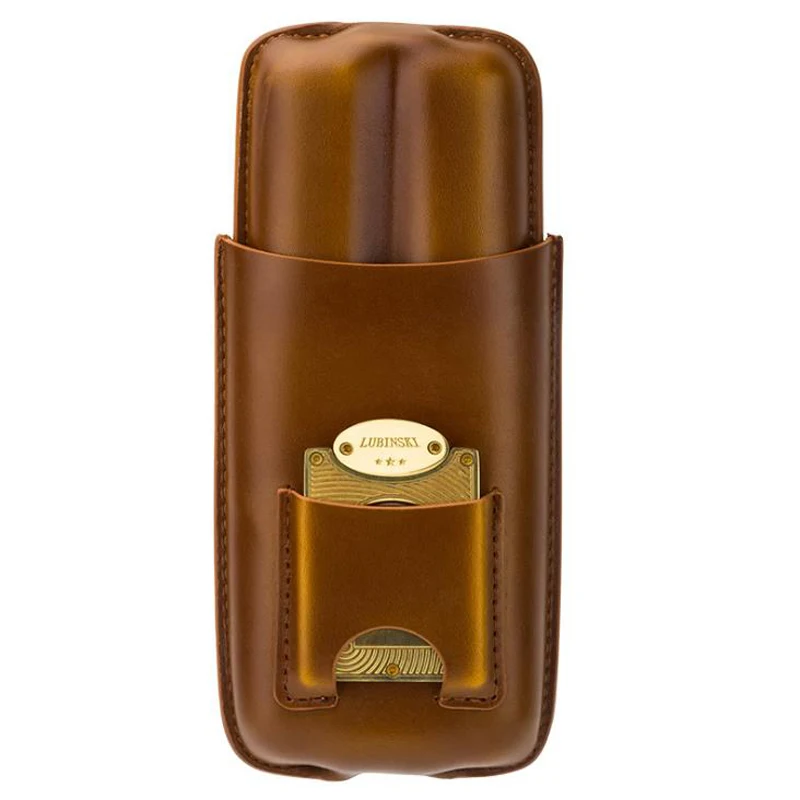 

LUBINSKI Genuin Leather Case Travel Humidor Cigar Holder Box Cases Cutter Set 2 Tubes Cigar With Super Sharp Cigar Cutter