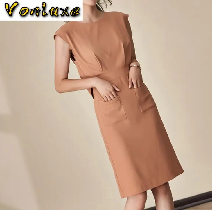 Винтажное элегантное платье с карманами круглым вырезом для работы Vestidos деловые