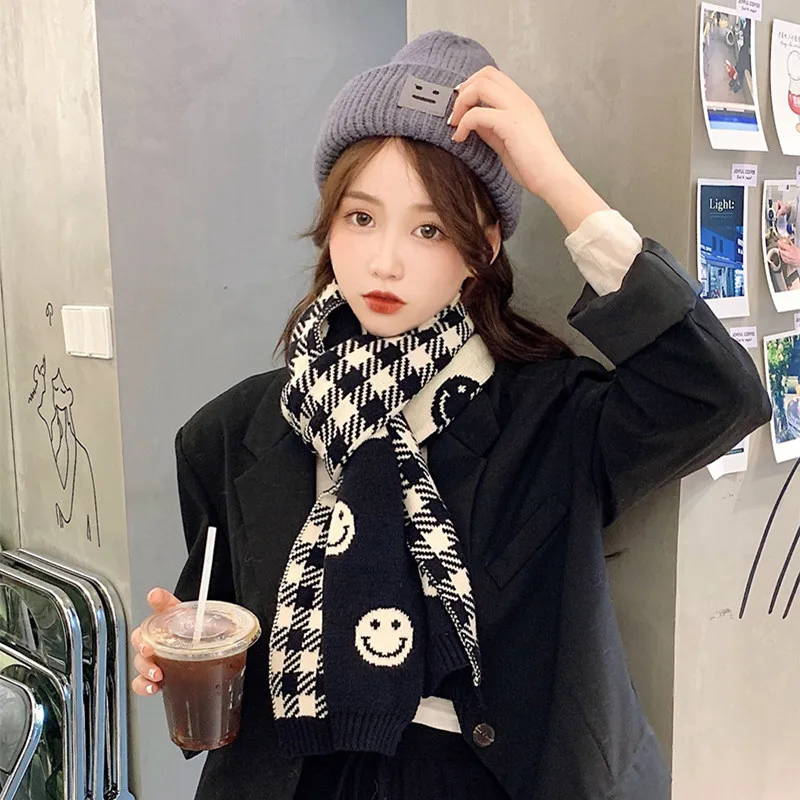 2021 Winter luxury Fashion Warm Long Knitted Scarf Shawl Women's Men's Japan Korea Thick Smiley Black Wool Scarves Wrap Ladies