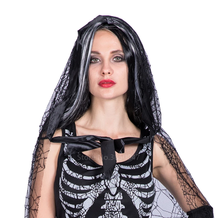 Хэллоуин Страшные костюмы для женщин взрослых карнавал вечерние представление дьявол, демон невесты печати Скелет Череп платье Плащ Вампира