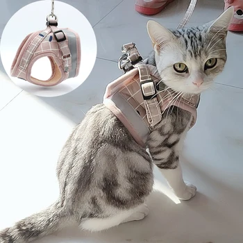 고양이를 위한 패션 격자 무늬 고양이 하네스 여름 메쉬 애완 동물 하네스 및 가죽 끈 세트, 고타스 액세서리용 Katten Kitty Mascotas 제품