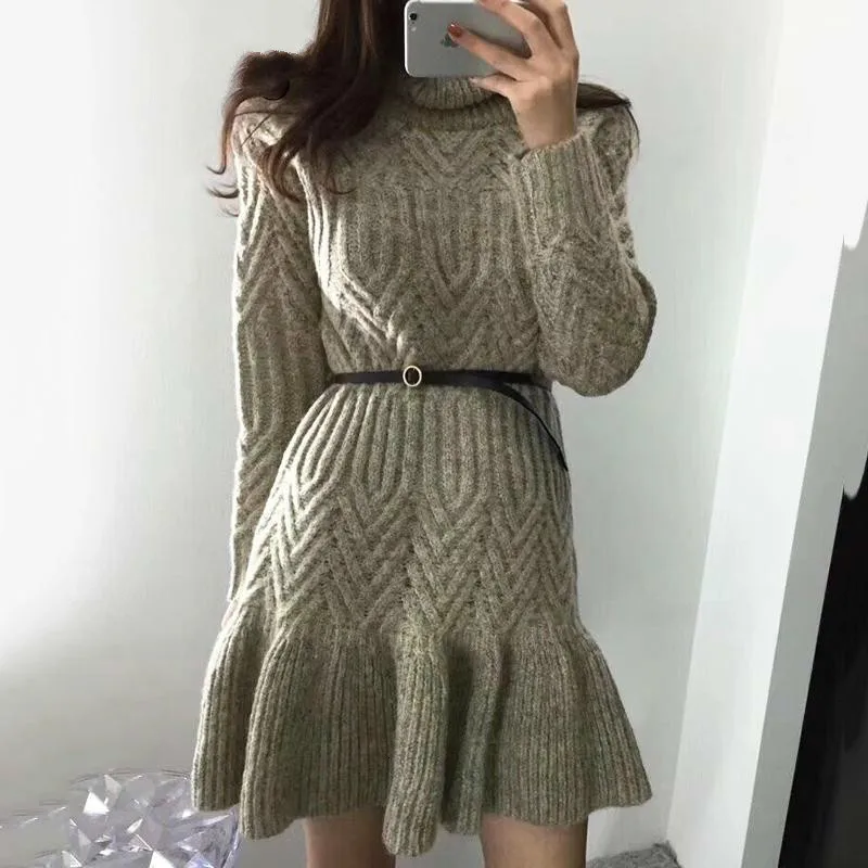 TVVOVVIN Dress Ruffles Patchwork Turtleneck Sweaters Mermaid Dresses Black Gray Vintage Knitting Dresses Autumn Winter DG188