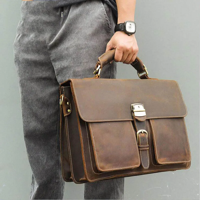 Men Big Briefcase Bag Crazy Horse Leather Man Handbag Genuine Cow Messenger Male Laptop Business Office Shoulder bag | Багаж и сумки