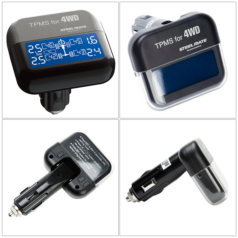 Система контроля давления в шинах Steelmate TPMS+ Регулируемый ЖК-дисплей сигаретная заглушка 4 клапанная крышка Внешние датчики бар PSI блок