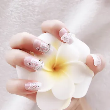 

24PCS/box back Adhesive full cover with 3D Flowers Fake Nails press on Design Acrylic Ladies Rhinestone Nail tips For girls