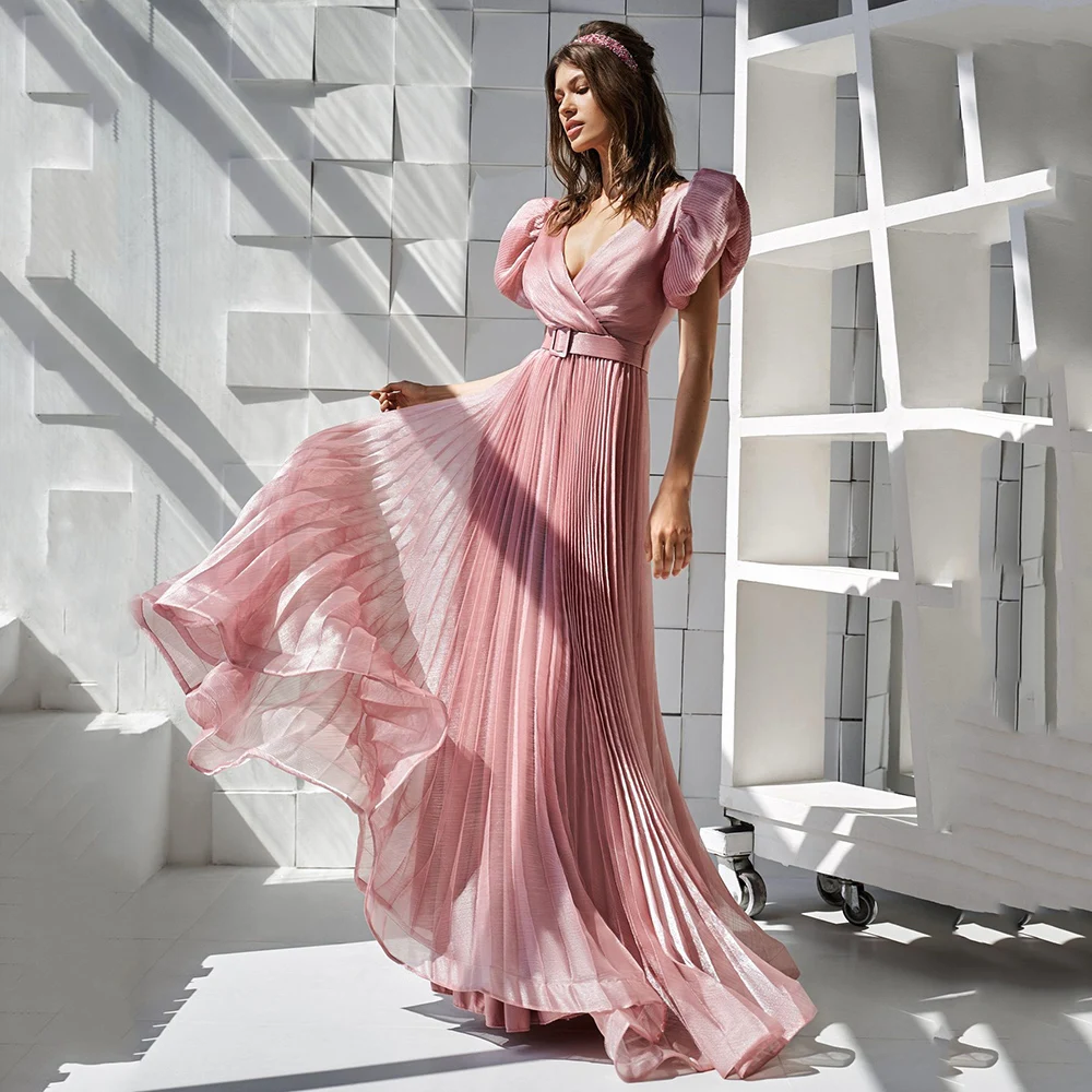 

Yipeisha Elegant Puff Sleeves Pink Evening Dress Fashion Pleated Party Dress Floor Length Prom Gown for Banquet Vestido de Festa