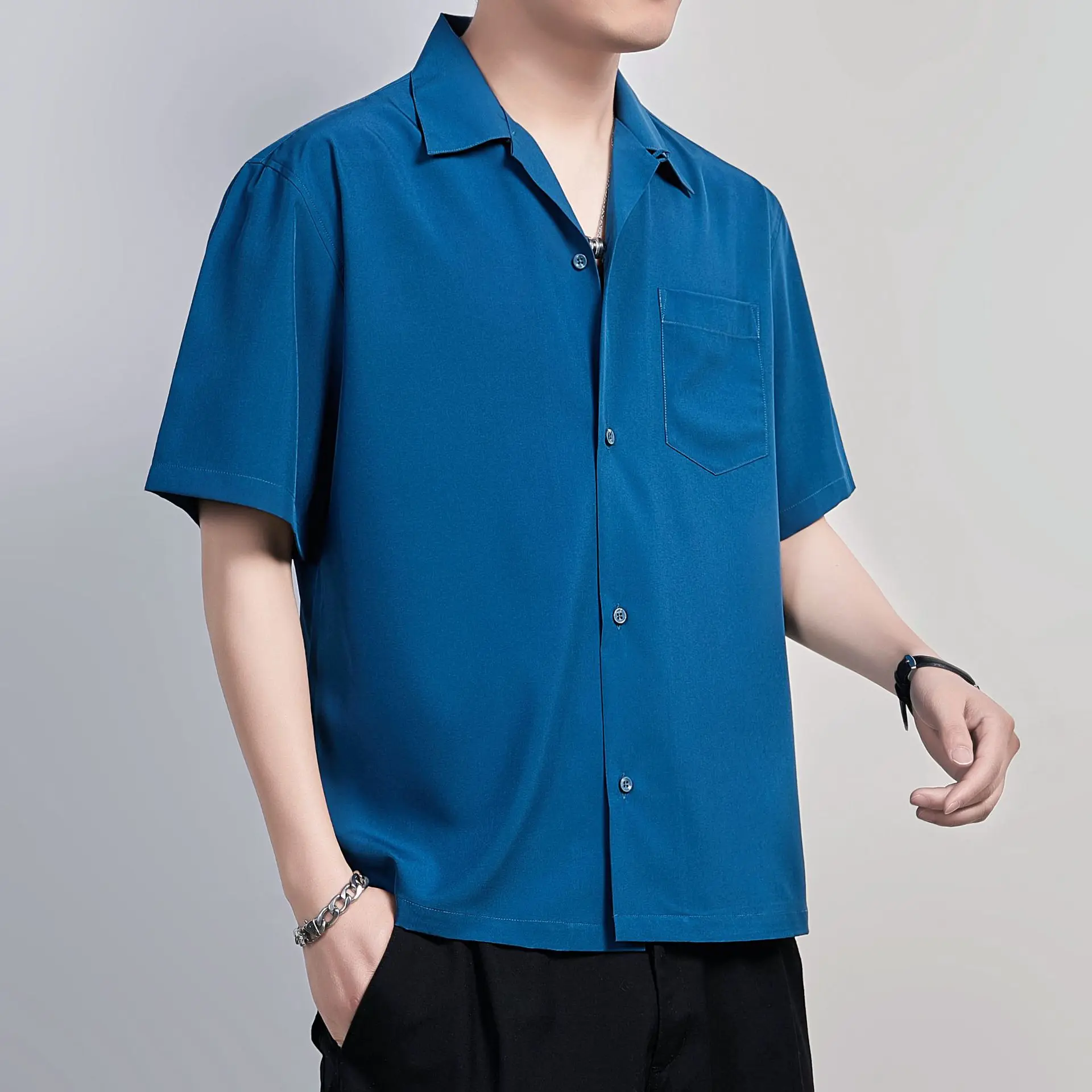 Blue Men Shirts Casual Cuban Short 