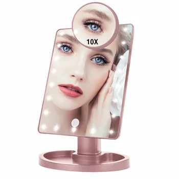 

LED Touch Screen Makeup Mirror Professional Vanity 16 LED Lights Beauty Adjustable Countertop 22 Led Rotating Battery USB Charge
