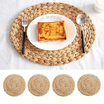 

Natural Table Mat Handmade Water Hyacinth Woven Placemat Round Braided Mat Heat Resistant Hot Insulation Anti-Skidding Pad