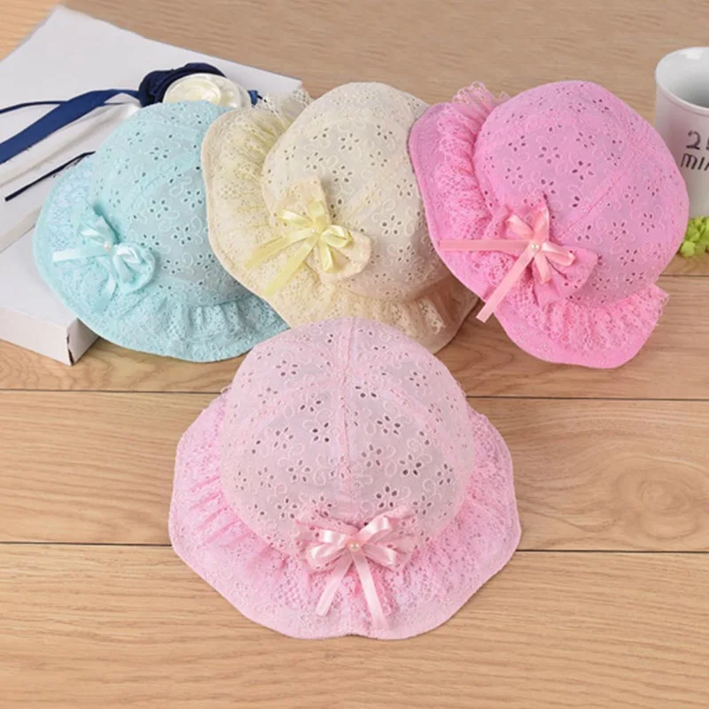 Princess Hat Cute Bow Solid Lace Hollow Baby Girls Cap Beach Bucket Hats Sun Hat