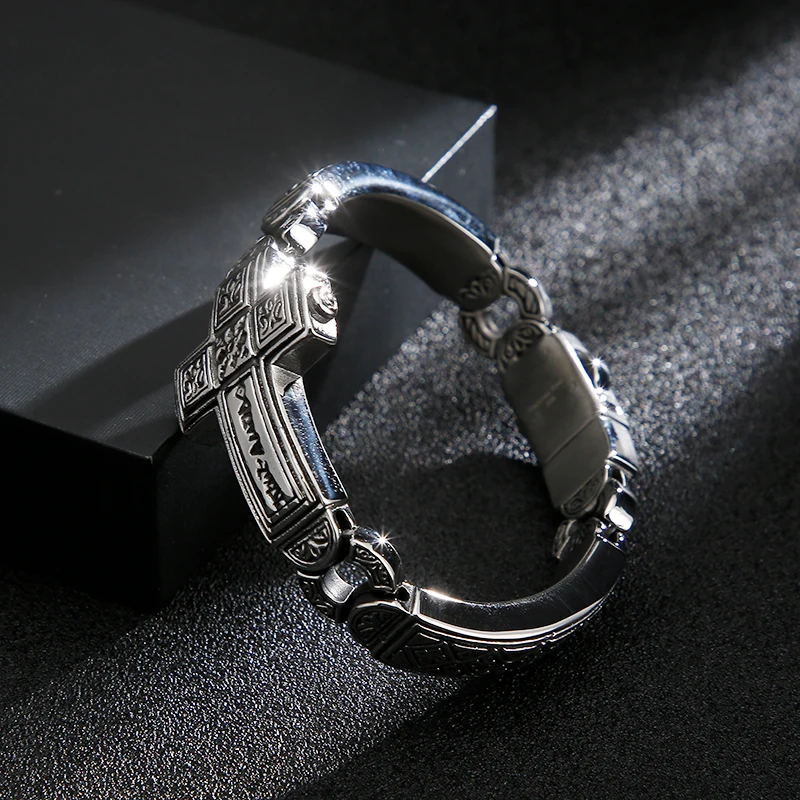 Fongten Cross Charms Bangle For Men Stainless Steel Heavy Mens Bangle Bracelets Male Retro Rune Silver Color Jewelry Armband