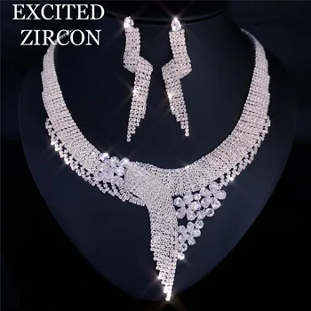 

2020 new fashion luxury charming woman crystal zircon fashion necklace earrings jewelry set bride bridesmaid wedding accessories