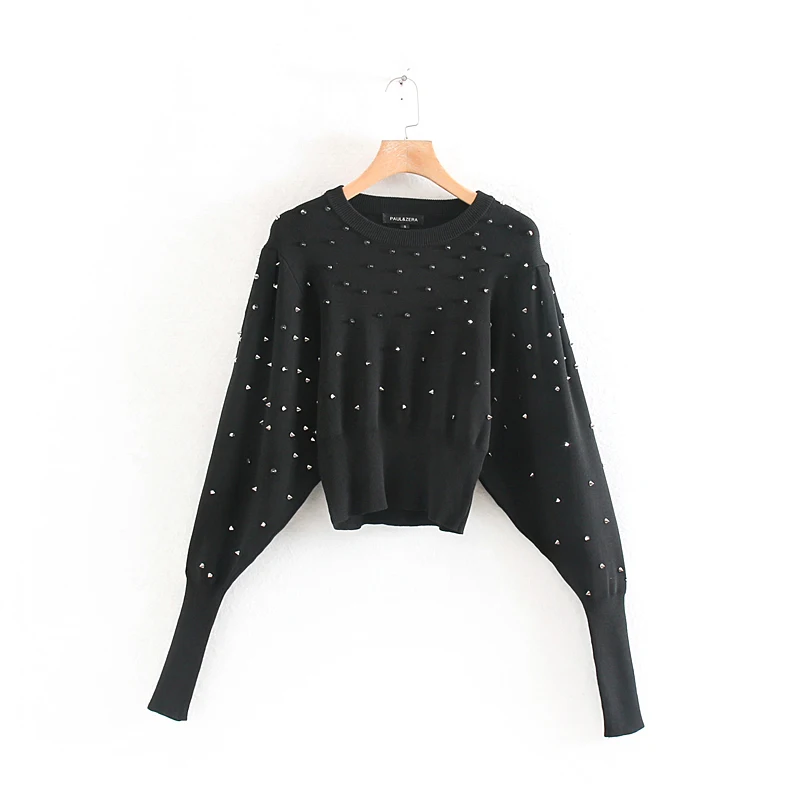black sweater Короткий женский свитер с круглым вырезом и рукавами-фонариками, новинка, Осенний повседневный черный женский свитер с заклепками - Цвет: black sweater