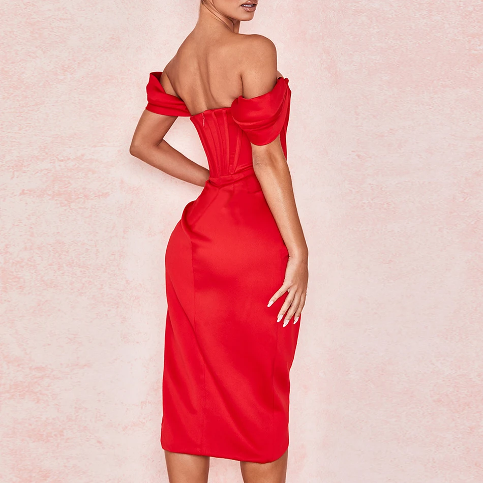 Сексуальное платье без бретелек с красным разрезом, атласное модное платье, облегающее платье, вечерние элегантные платья для ночного клуба, Vestido