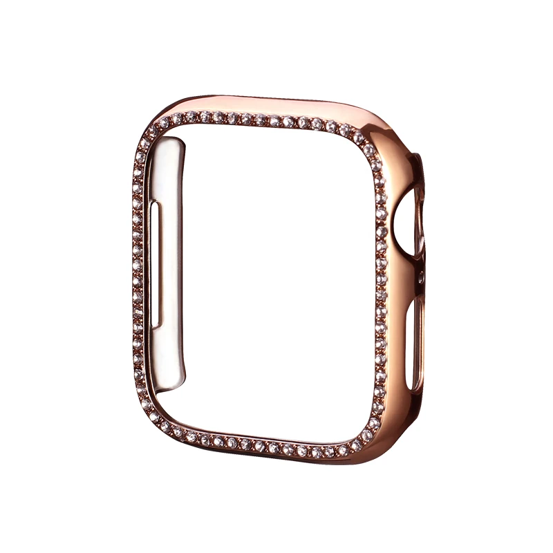 Розовое золото Алмазный чехол для часов из поликарбоната для Apple watch, чехол 44 мм/40 мм iWatch, защитная крышка для экрана из поликарбоната с одним рядом бриллиантов 38 мм/42 мм - Цвет: Розовое золото