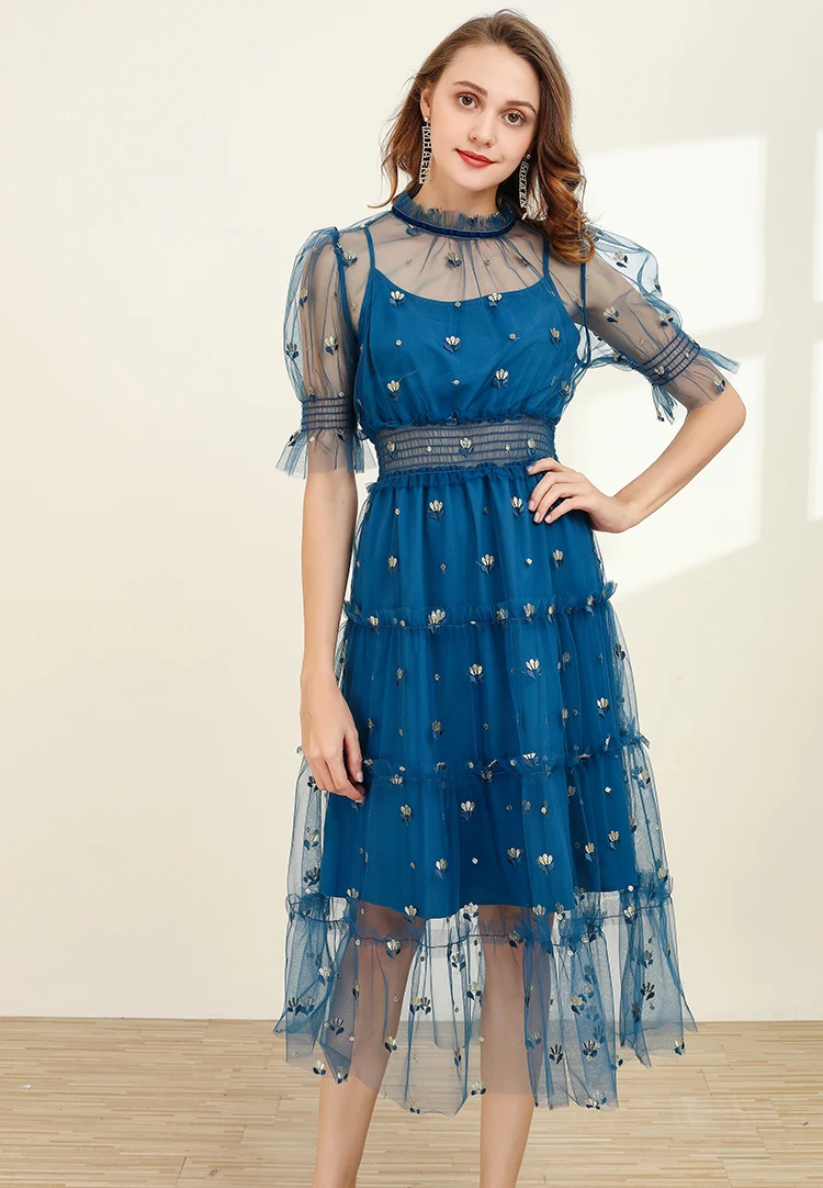 MoaaYina Fashion Designer dress Spring Summer Women's Dress Puff sleeve Mesh Pmbroidery Party Elegant Blue Dresses