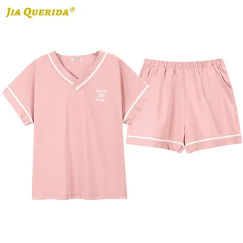 

New Soft Short Sleeve Summer Loungewear V Neck Woman Clothes Fashion Style Summer Pjs Woman Pajamas Set Pyjamas Woman Pink