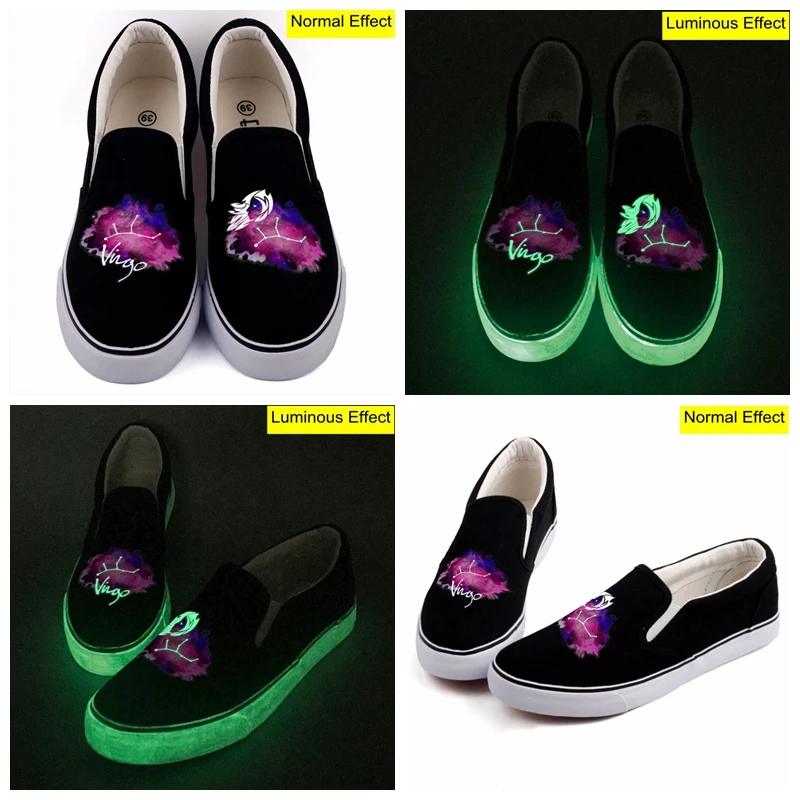 

E-LOV Glow Effect Constellation Print Low Top Black Canvas Shoes Students Slip On Customzied Starry Night Luminous Casual Loafer