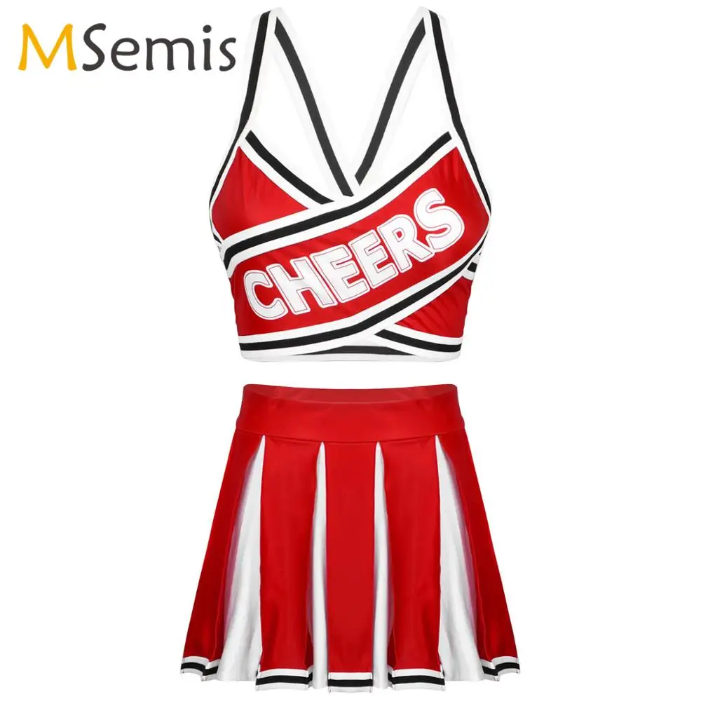 

Women's Cheerleader Costume Uniform Outfit Shoulder Strap Back Cross Crop Top with High Waist Pleated Skirt Cheerleading Clothes