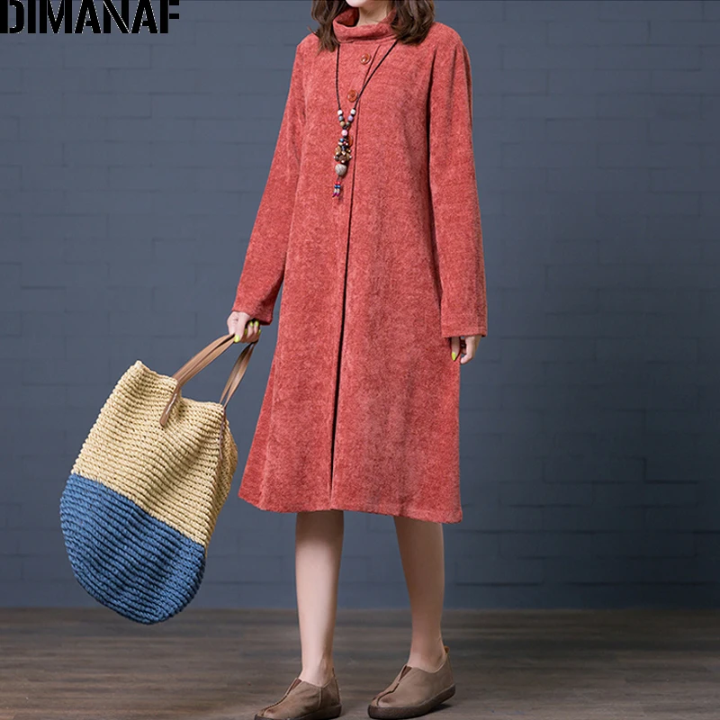 DIMANAF женское платье большого размера в винтажном стиле с длинными рукавами зима водолазка свободная однотонная женская Vestidos базовое женское платье одежда - Цвет: Nv99651CN-ju