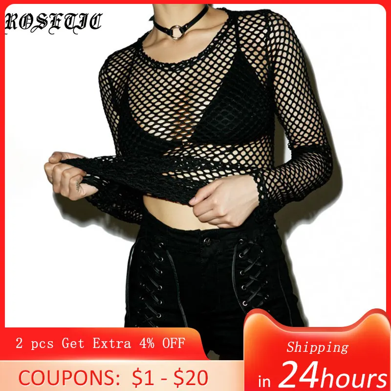 

Rosetic Sexy Fishnet Tops Women Black Sexy Gothic Mesh Hollow Out Long Sleeve Top Ripped See Through Summer Ladies Shirt