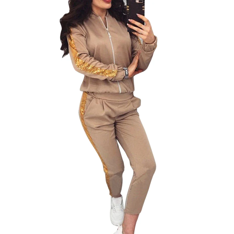 Khaki Новинка, женский спортивный костюм, комплект из 2 предметов, длинный рукав, толстовка с капюшоном, толстовка с леггинсами для фитнеса, Женский Повседневный Спортивный костюм, комплект для йоги - Цвет: Khaki