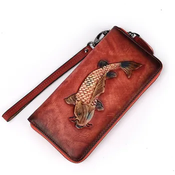 

Nesitu High Quality Vintage Fashion Black Red Coffee Fish Pattern Genuine Leather Women's Wallet Phone Clutch Bag Purse M8097