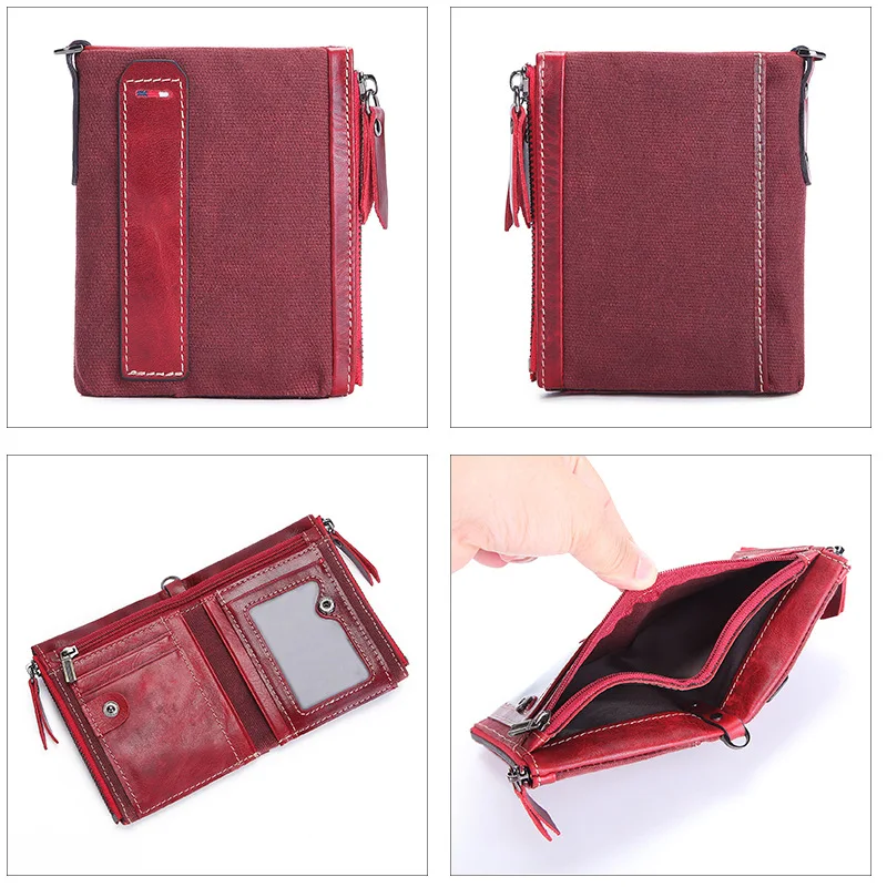 Crazy Horse Leather Man Wallet Leather Short Anti-RFID Pirate Brush Oil Wax Canvas Double Zip Wallet