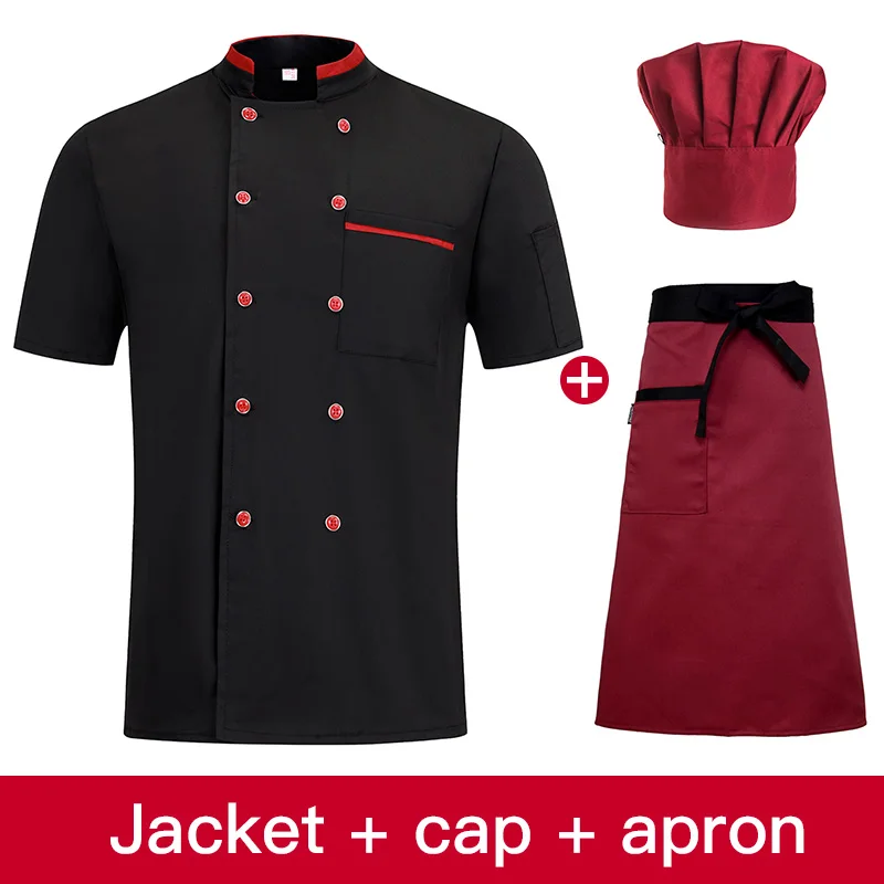 Куртка шеф-повара с коротким рукавом, форма для повара, ресторана, кухни, отеля, барбершопа, суши, костюма, кафе, пекарни, рабочая одежда - Color: jacket cap apron