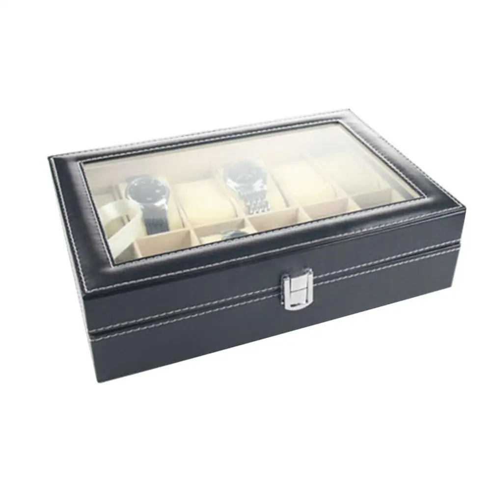 Retro Faux Leather Watch Box Case Organizer Display 12 Slots For Men Women Brilliant Jewelry Box with Soft Leather Pillows