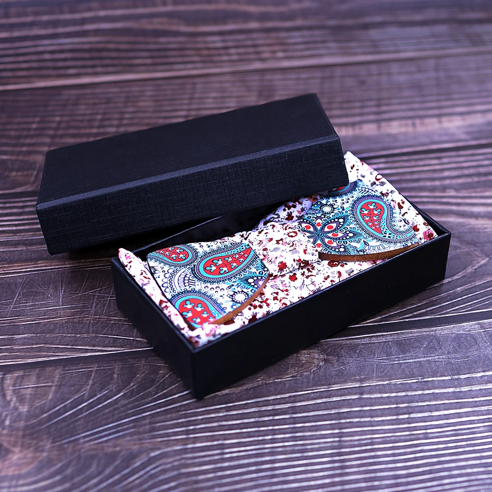  Paisley Wooden Bow Tie Handkerchief Set Men's Plaid Bowtie Wood Print tie Floral design And Box Fas