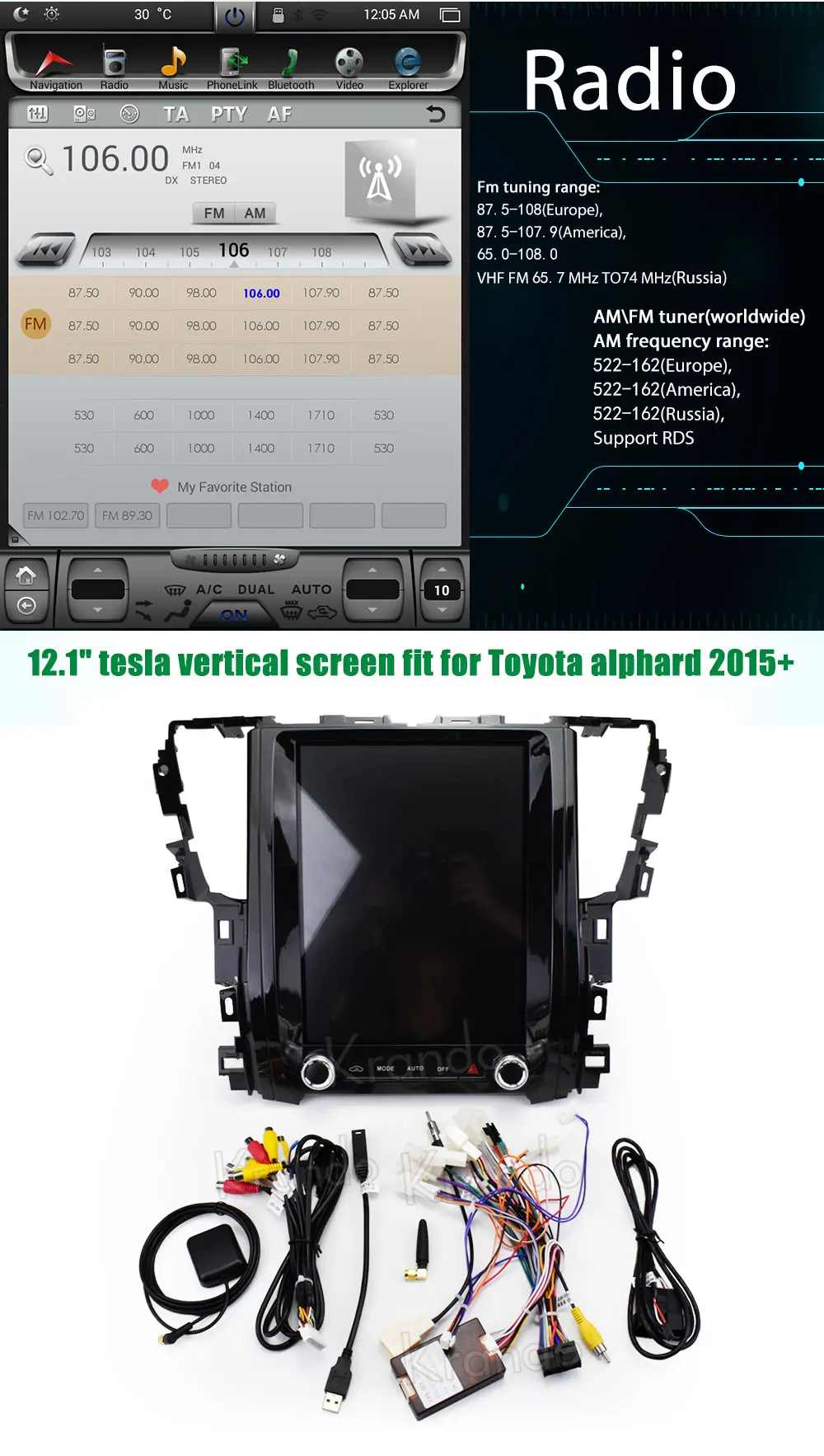 Best Krando Android 8.1 12.1" Tesla Vertical car multimedia player for Toyota Alphard navigation system 8