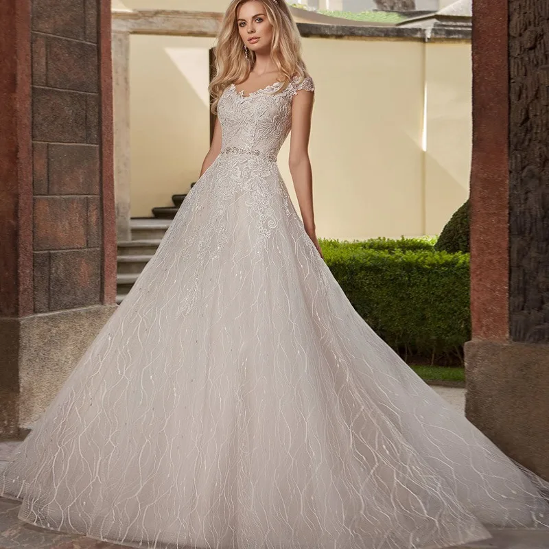 

Bling Lace Bestidos De Novia Sequins Lace Wedding Dress Crystals Sashes Gowns Cap Sleeves Embroidery Lace Bridal Dresses 2019