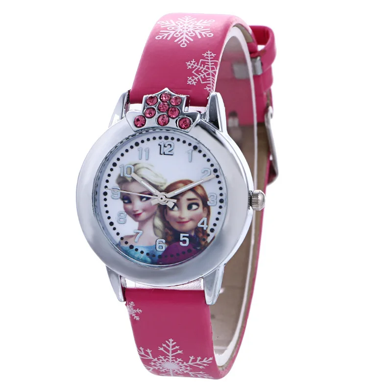 Новые Мультяшные детские часы с милой принцессой Эльзой, модные наручные часы с кристаллами для девочек, детские часы с кожаным ремешком - Цвет: rose red
