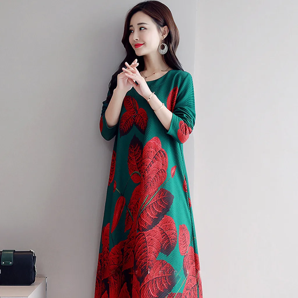 Women Dress Casual Long Sleeve O-Neck Printed Loose Dress Fashion Female Autumn Winter Party Dress Vestidos Plus Size M840