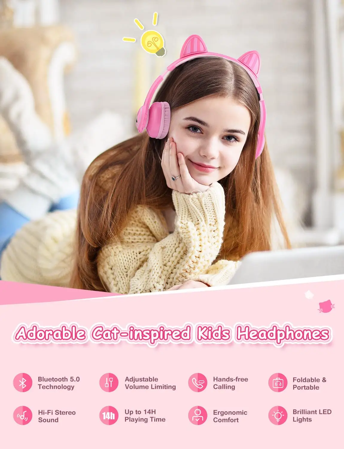 Mpow Cat Ear Kids Headphones Bluetooth 5 0 Wireless Headset with Mic 14H Playing Time 85dB 95dB Volume Limited Cute Headphone