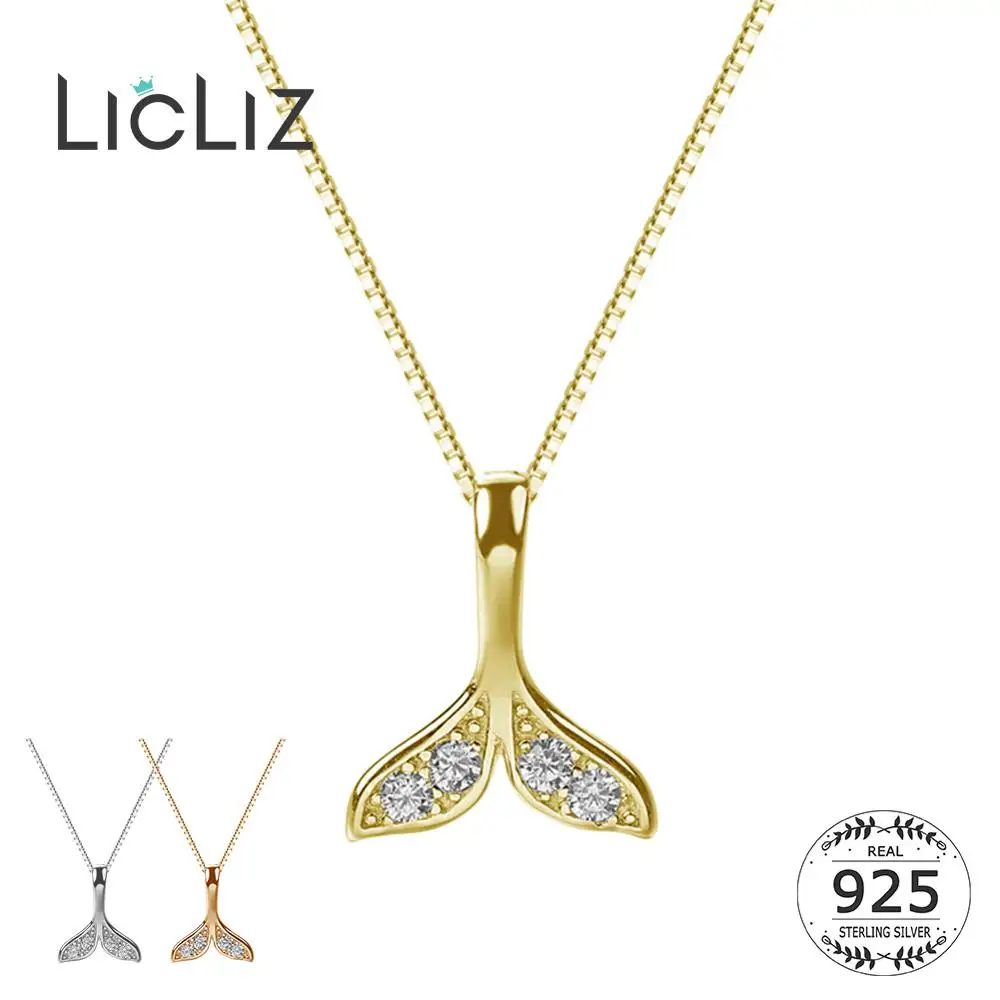

LicLiz 925 Sterling Silver Mermaid Tails Zircon Diamond Pendant Necklaces for Women 18K Gold Box Chain Rose Gold Jewelry LN0411
