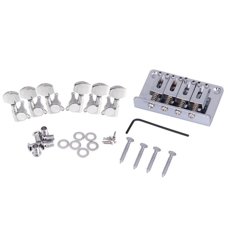 

1 Set Cigar Box Guitar Parts: 4-String Chrome Hard-Tail Adjustable Bridge & 1 Set 3L 3R Chrome Electric Acoustic Strings Of Mech