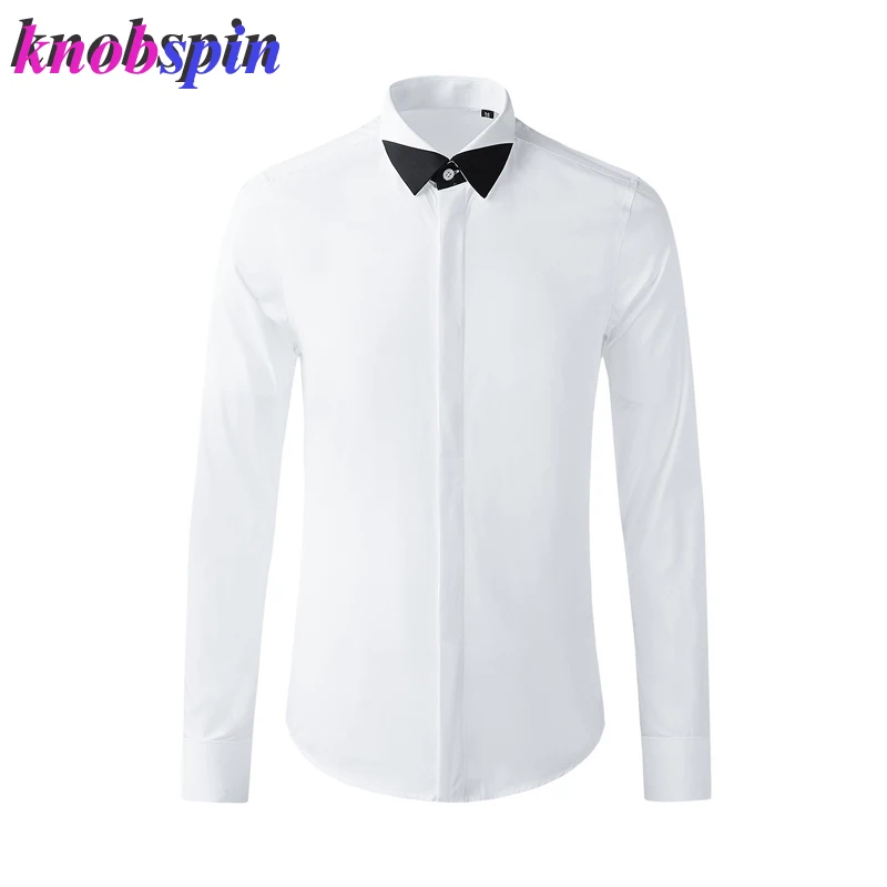 Fashion Patchwork Collar Shirt For Men Long Sleeve Slim Casual Business