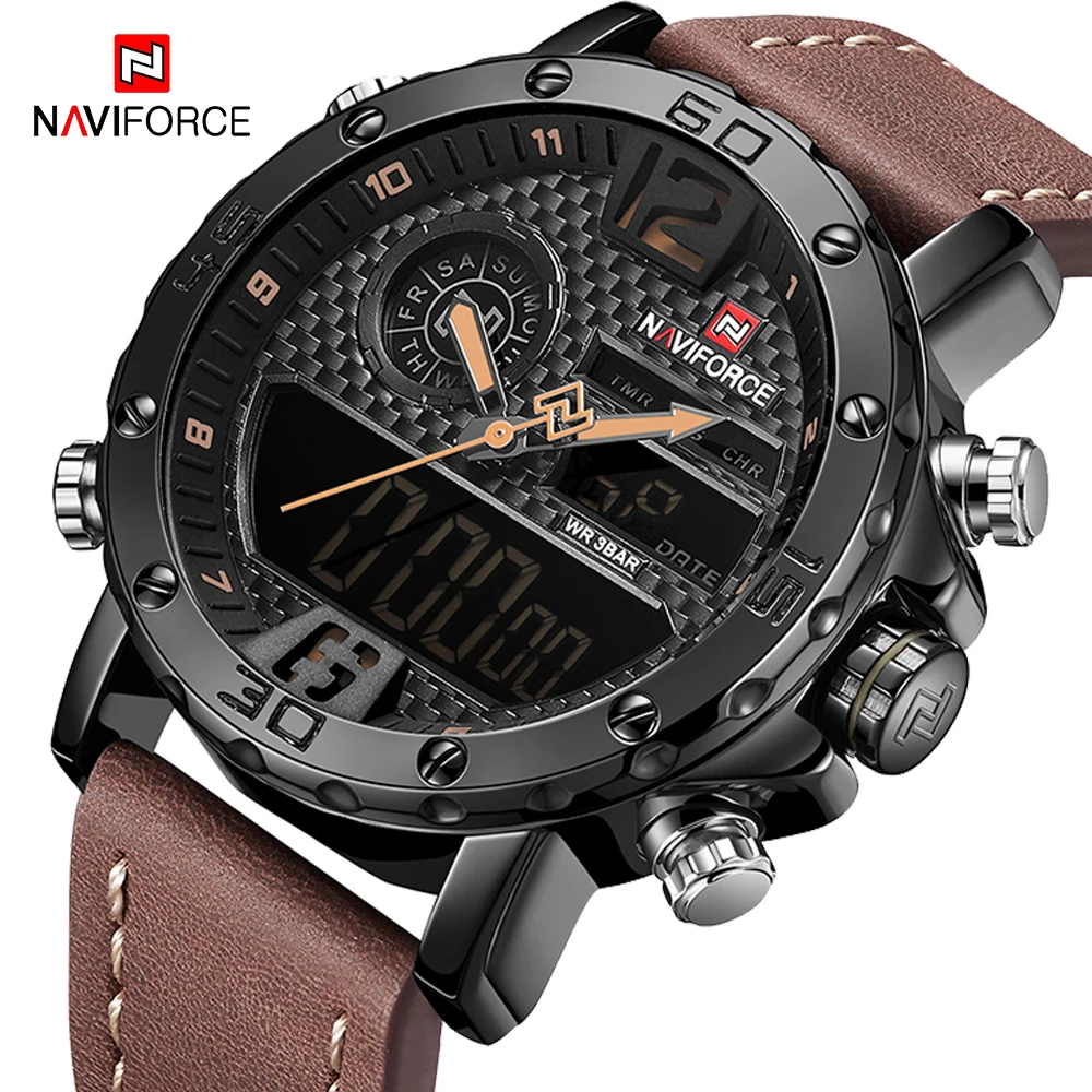 Skup Oryginalny NAVIFORCE podwójny wyświetlacz zegarek kwarcowy cyfrowy mężczyźni zegarki marka wojskowy męska LED cyfrowy zegarek wodoodporny mężczyzna zegar