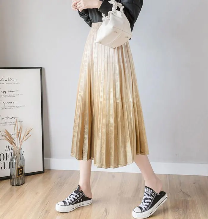 Осенне-зимняя бархатная юбка золотого цвета с градиентом, Женская длинная Плиссированная юбка с высокой талией, универсальные ретро юбки для женщин
