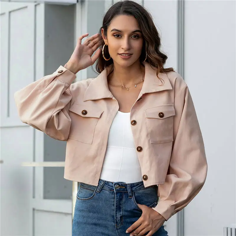 

Autumn Winter Women Soild Color Jacket Lantern Sleeve Single-breasted Jacket Long Sleeve Loose Short Coat Short Jacket
