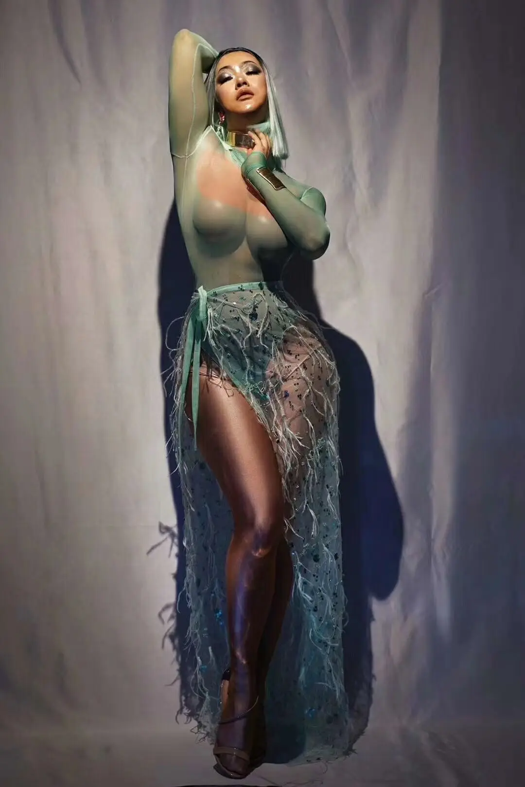 Costum Singer, сексуальный женский топ, эластичное боди, со шлейфом, юбка, перья, для ночного клуба, однотонный, Dj Ds, обтягивающий комбинезон для женщин