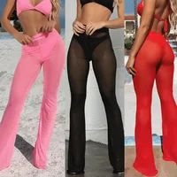 Women Hot Sexy Beach See-through Mesh High Waist Elastic Sheer Wide Leg Pants Trousers Plus Size Bikini Cover Up S-XL 1