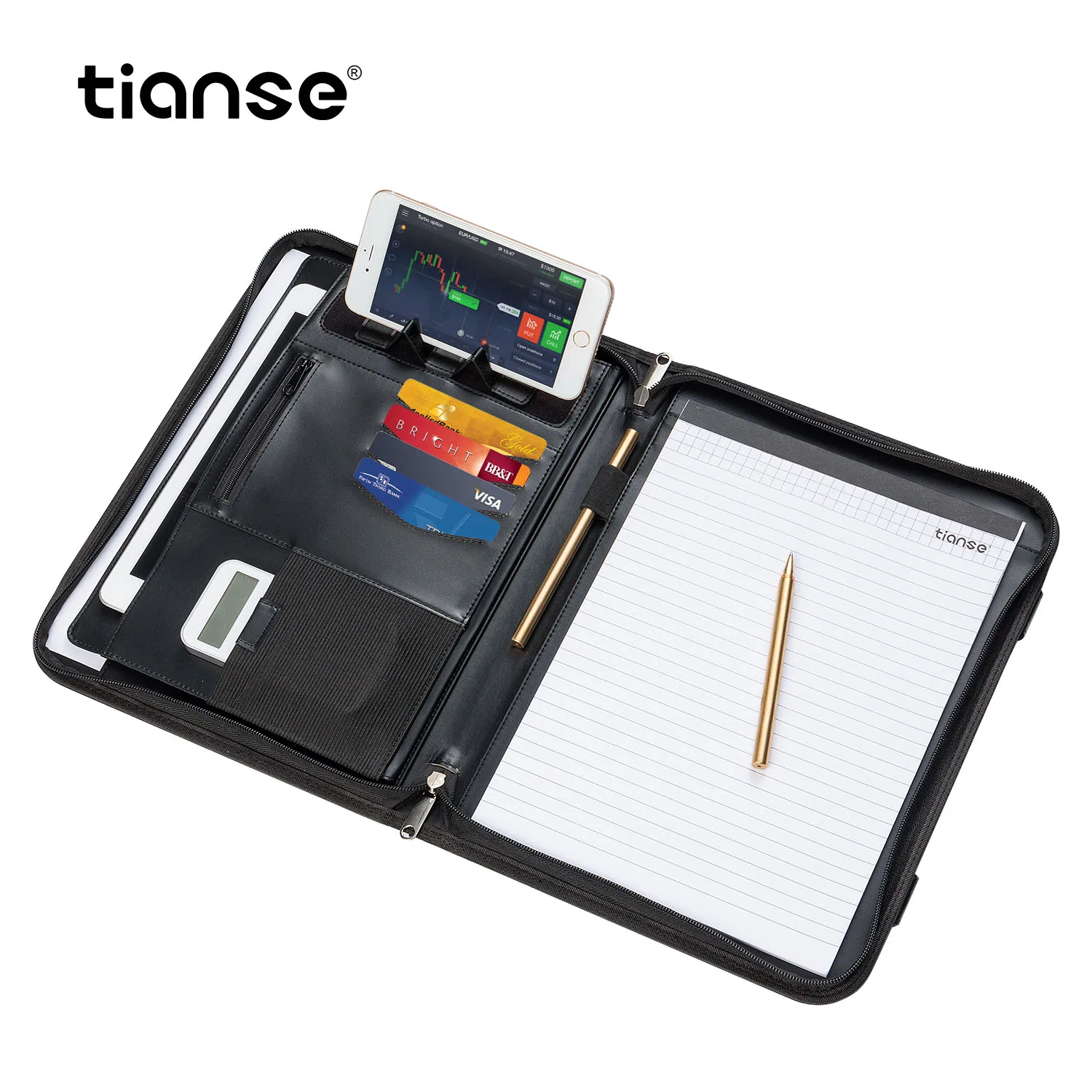 

TIANSE A4 PU Leather Office Manager Padfolio Fichario Document File Folder Binder Padfolio Notebook Handle Zipper