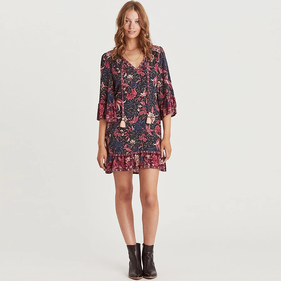 AYUALIN мини-женские платья с расклешенными рукавами с рукавом «Семь четвертей», короткие платья из вискозы, Феникс, цветочный принт, boho, осеннее платье, Цыганское Платье