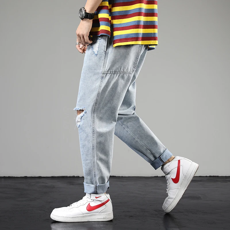Seller Summer Jeans Men's Fashion Washed Solid Color Casual Ripped Jean Pants Men Streetwear Wild Loose Hip Hop Denim Trousers Mens