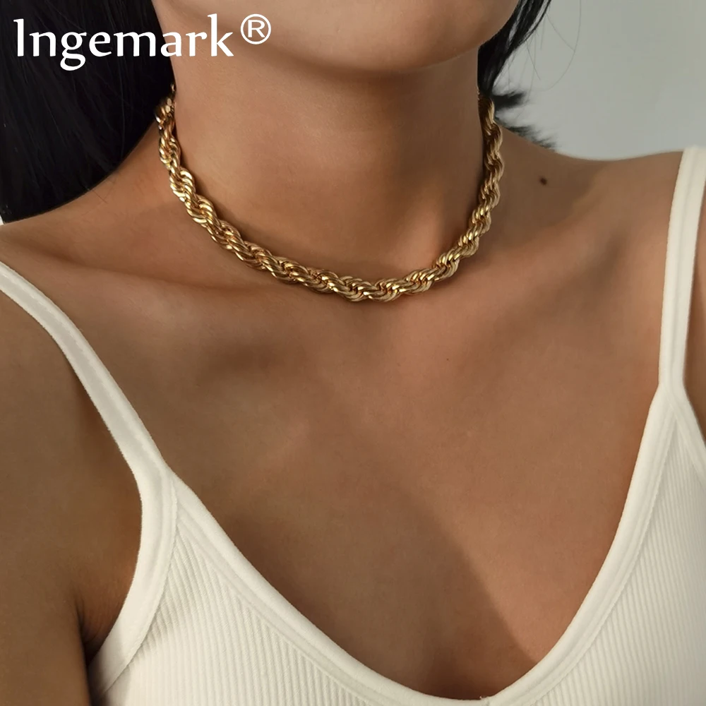 Gold Color Chunky Chain Necklace Women 